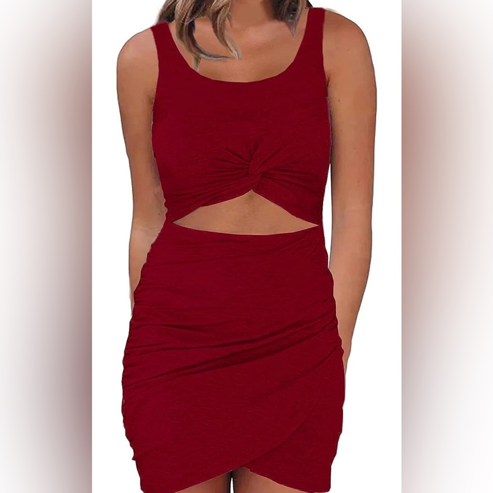 Summer Twist Front Dresses Sleeveless Cutout Short Sundress (Wine Red, Medium)